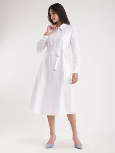 FableStreet Cuffed Sleeves Belted Shirt Midi Dress