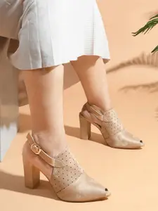 JM Looks Embellished Peep Toe Block Heeled Pumps