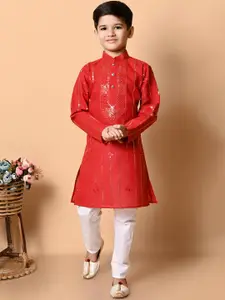 BAESD Boys Striped Embroidered Sequinned Mandarin Collar Straight Kurta With Pyjamas