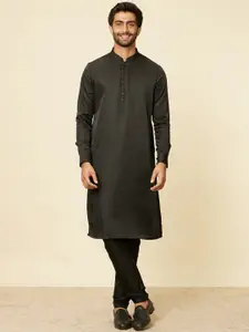 Manyavar Black Mandarin Collar Straight Satin Kurta with Pyjamas