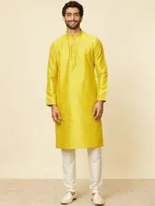 Manyavar Mustard Mandarin Collar Art Silk Kurta with Pyjama