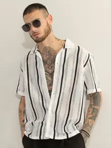 Snitch White Classic Boxy Self Design Casual Shirt