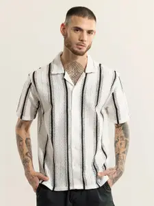 Snitch White Classic Boxy Striped Self Design Cuban Collar Casual Shirt
