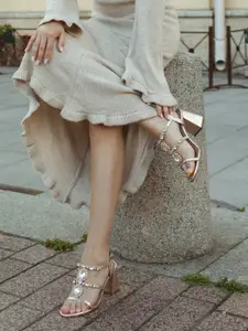 Saint G  Embellished Open Toe Leather Block Heels