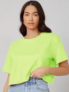 Kotty Round Neck Drop-Shoulder Sleeves Oversized Crop T-shirt