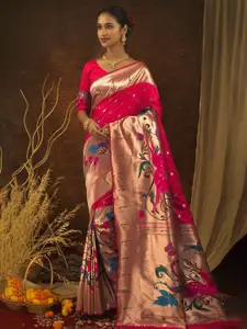 Mitera Pink Floral Woven Design Zari Paithani Saree