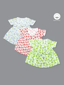 Born Babies Kids Pack Of 3 Floral Printed Flared Sleeve Organic Cotton Fit & Flare Dress