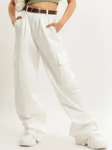 FREAKINS Women White Straight Fit High-Rise Clean Look Stretchable Cargo Jeans