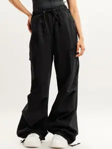 FREAKINS Women Black Straight Fit High-Rise Clean Look Stretchable Cargo Jeans