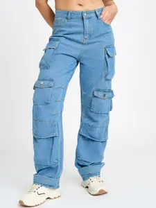 FREAKINS Women Straight Fit High-Rise Pure Cotton Cargo Jeans