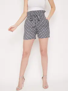 PANIT Women Grey Polka Dot Printed Loose Fit High-Rise Shorts