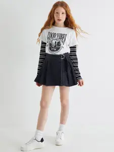 Koton Girls Belted Pure Cotton Denim Skorts