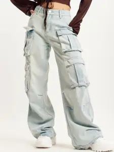 FREAKINS Women Wide Leg High-Rise Clean Look Pure Cotton Cargo Jeans