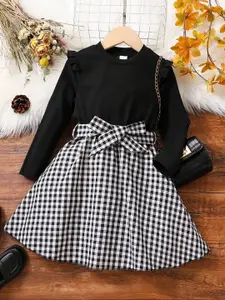 BAESD Girls Checked Fit & Flare Cotton Belted Dress