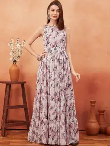 ODD BY chansi TRENDZ Floral Printed Gathered Detailed Maxi Ethnic Dress With Belt