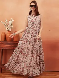 ODD BY chansi TRENDZ Floral Printed Belted Georgette Tiered Gown Ethnic Dress