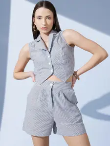 STREET 9 Striped Shirt Collar Pure Cotton Coat & Mid-Rise Shorts