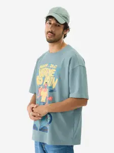 The Souled Store Men Green Typography Printed Pure Cotton Oversized T-shirt