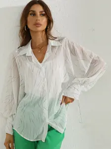 StyleCast White Spread Collar Sheer Striped Casual Shirt