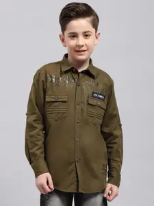 Monte Carlo Boys Classic Fit Typography Printed Roll-Up Sleeves Pure Cotton Casual Shirt