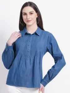 SUMAVI-FASHION Cuffed Sleeves Organic Cotton Denim Shirt Style Top