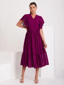 FLOWERVELLY Self Designed Flutter Sleeve Georgette Wrap Midi Dress