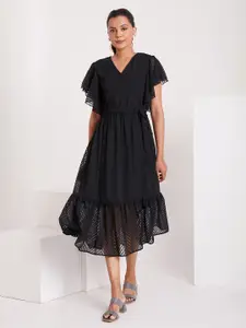 FLOWERVELLY Self Designed Flutter Sleeve Georgette Wrap Midi Dress
