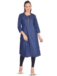 BAESD Denim Tie Up Neck Three-Quarter Sleeves Straight Kurta
