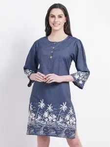 SUMAVI-FASHION Floral Print Bell Sleeve Organic Cotton Denim Sheath Dress