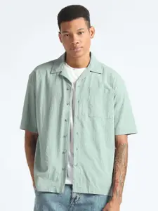Flying Machine Textured Cuban Collar Drop-Shoulder Seersucker Oversized Casual Shirt