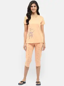 MADAME M SECRET Typography Printed Round Neck T-shirt With Capris