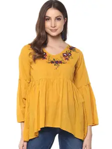 Mayra Floral Embroidered Bell Sleeves Cotton A-Line Top
