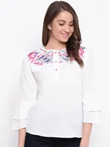 Mayra Floral Embroidered Bell Sleeve Crepe Top