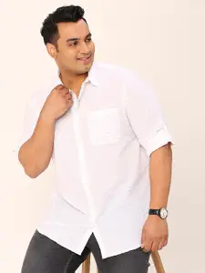 Sztori Plus Size Standard Horizontal Striped Roll-Up Sleeves Pure Cotton Casual Shirt