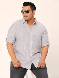 Sztori Plus Size Standard Vertical Striped Roll-Up Sleeves Pure Cotton Casual Shirt