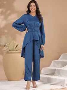 SANSKRUTIHOMES V-Neck Puff Sleeves Top With Trousers Co-Ords