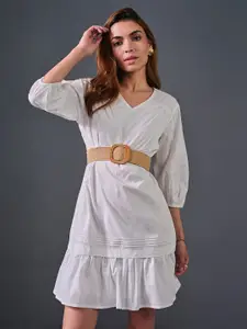 AND V-Neck Cuffed Sleeves Cotton A-Line Dress