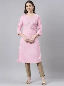 Neerus Yoke Design Embroidered Three-Quarter SleevesCotton  Mirror Work Kurta
