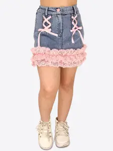 CUTECUMBER Girls Lace Inserts Detailed Denim A-line Skirt