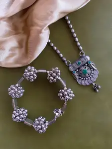 ATIBELLE Set Of 2 German Silver-Plated Stone-Studded Floral Shaped Bracelet & Necklace