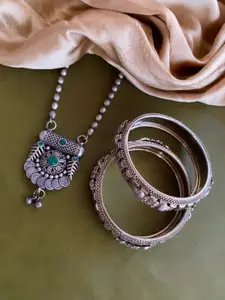 ATIBELLE Silver Plated Stones Studded & Beaded Bangles & Necklace Jewellery Set