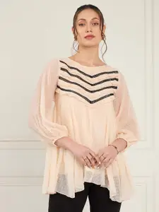 Antheaa Peach-Coloured Self Design Cuffed Sleeves Lace Inserts Chiffon A-Line Top