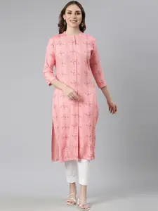Neerus Geometric Printed Mandarin Collar Straight Kurta