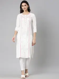Neerus Floral Embroidered Round Neck Kurta