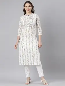 Neerus Floral Printed Mandarin Collar Pure Cotton Kurta