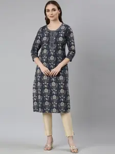 Neerus Floral Printed Three-Quarter Sleeves Cotton Straight Kurta