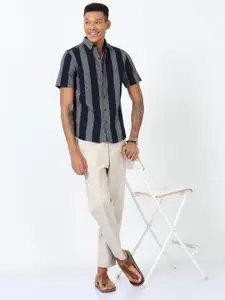 FLY 69 Men Premium Slim Fit Vertical Striped Spread Collar Cotton Linen Casual Shirt