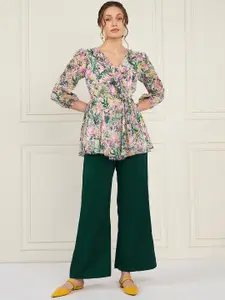 Antheaa Green Floral Printed Puff Sleeves Ruffled Top With Trouser