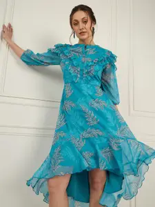Antheaa Floral Printed Puff Sleeves Ruffled High Low Chiffon A-Line Maxi Dress
