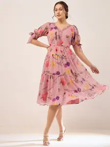 Antheaa Floral Printed V-Neck Puff Sleeves Beads Detail Chiffon Fit & Flare Dress